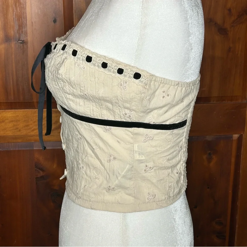 Forever 21 Eyelet Crop Top w Blk Velvet Ribbon Accent Coquette Fairycore Y2K - Picture 5 of 16